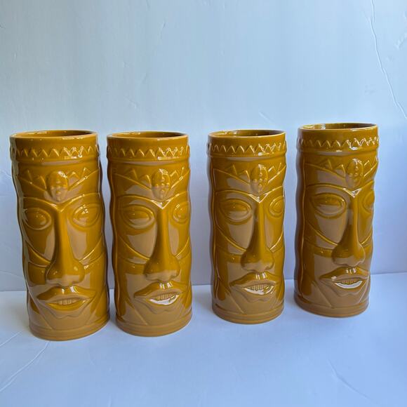 Set of 4 World Market Mustard Yellow Gold Tiki Mugs Ceramic Cups Retro Barware - Picture 2 of 7